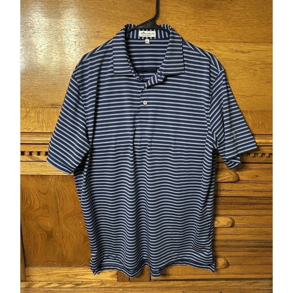 Peter Millar Athleisure Mens Golf Polo Shirt Blue Striped Short Sleeve Preppy